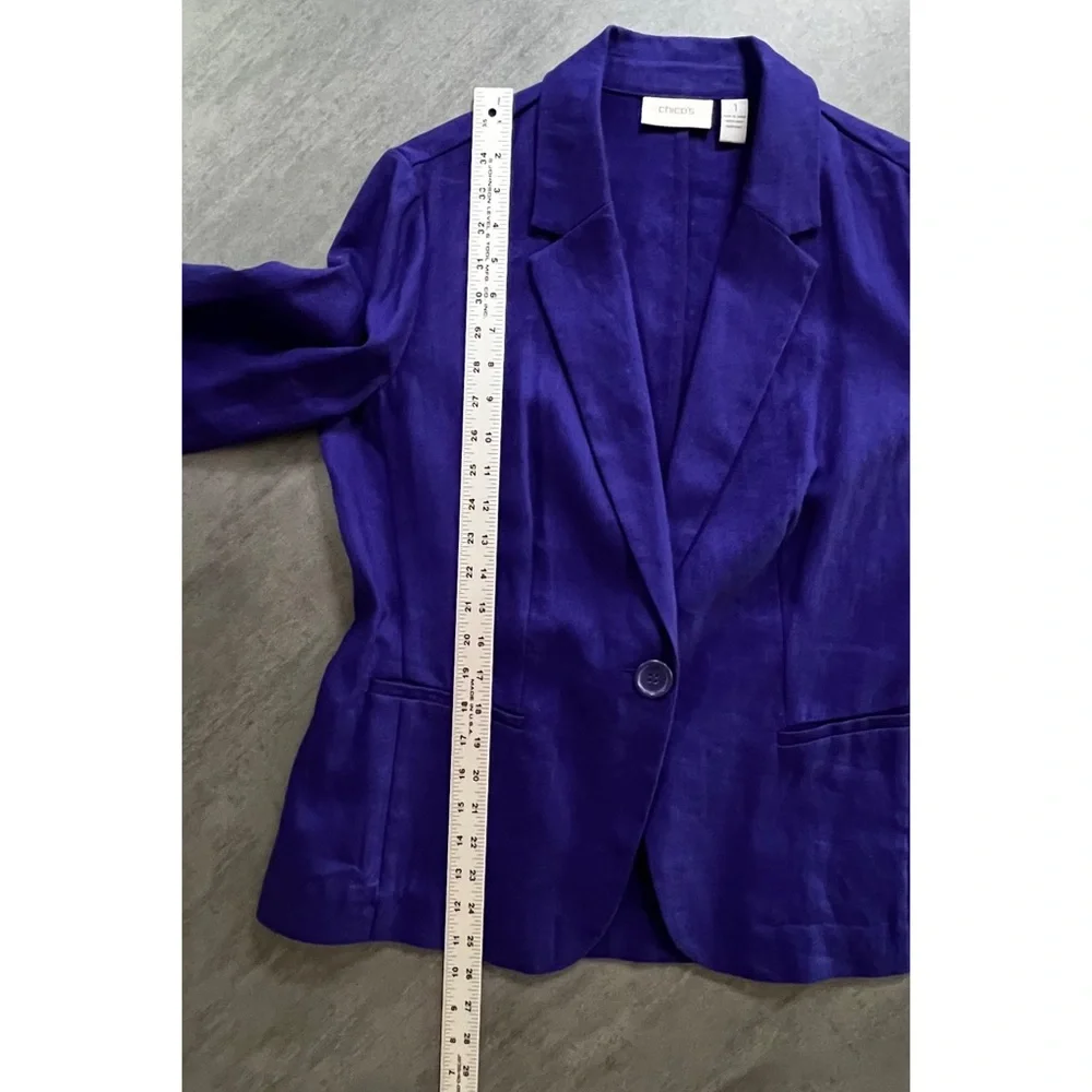 Chico’s Blazer Jacket Size 1 Medium 8‎ Blue Purple 100% Linen Jacket 3/4 Sleeve
